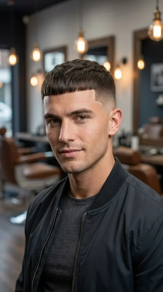 Caesar Cut with Taper and Hard Part