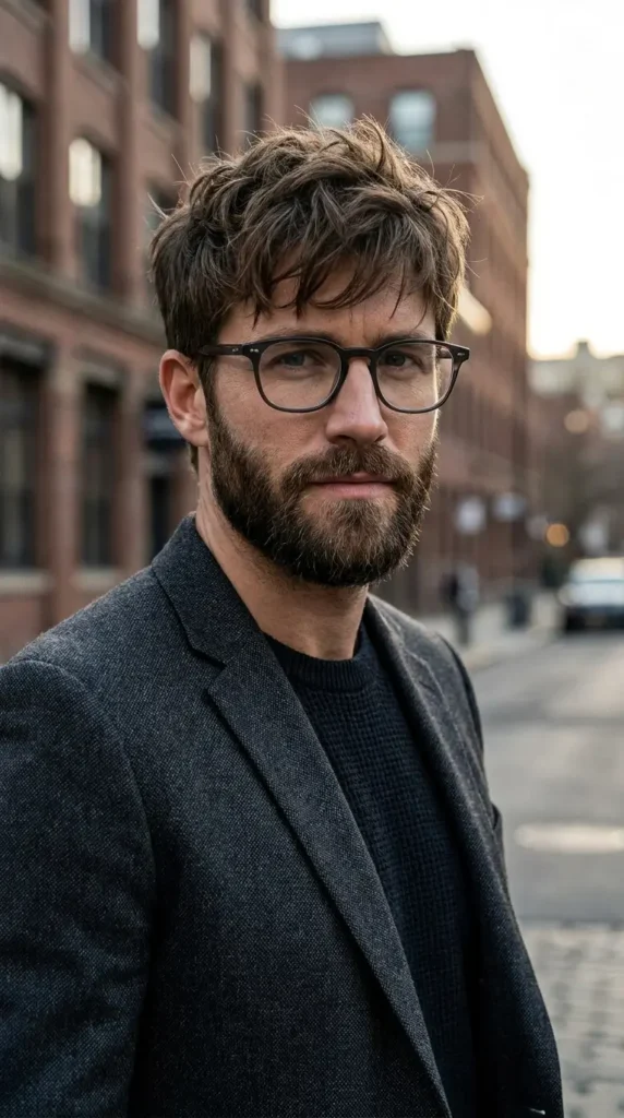 Messy Fringe with Beard and Glasses