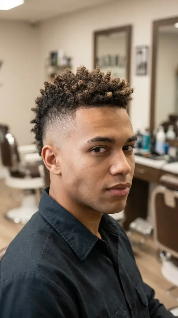 High Fade with Curly Faux Hawk